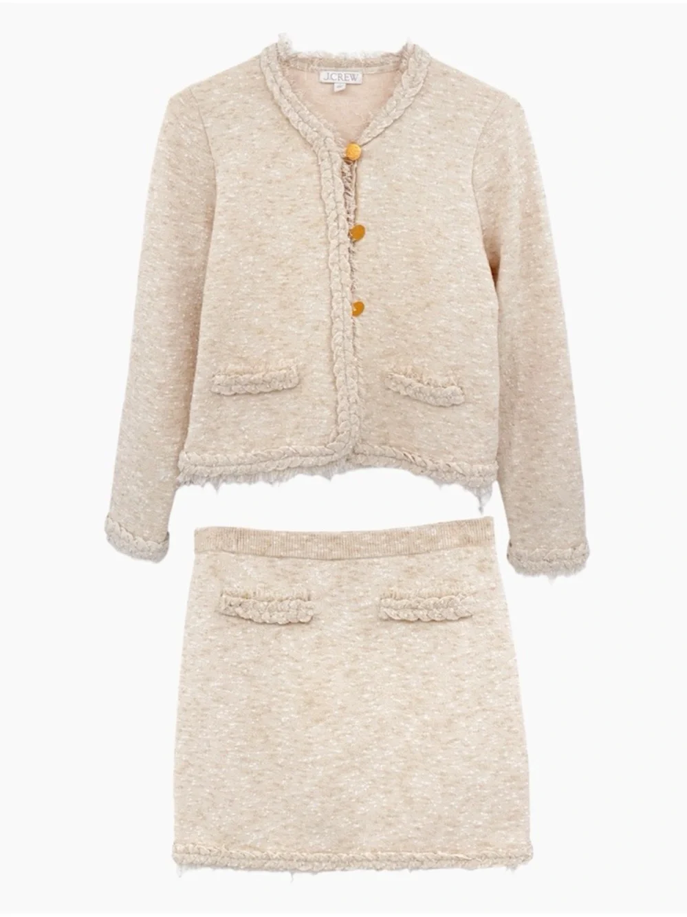 J.CREW Marled Fringe-Trim Sweater Lady Jacket & Mini Skirt Set Heather Sand S